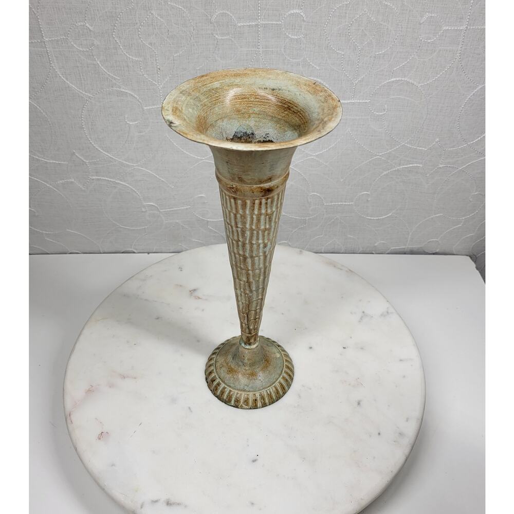 Vintage Glazed Fluted Brass Vase 11" Tall White Brown Patina Flower Stems Bud